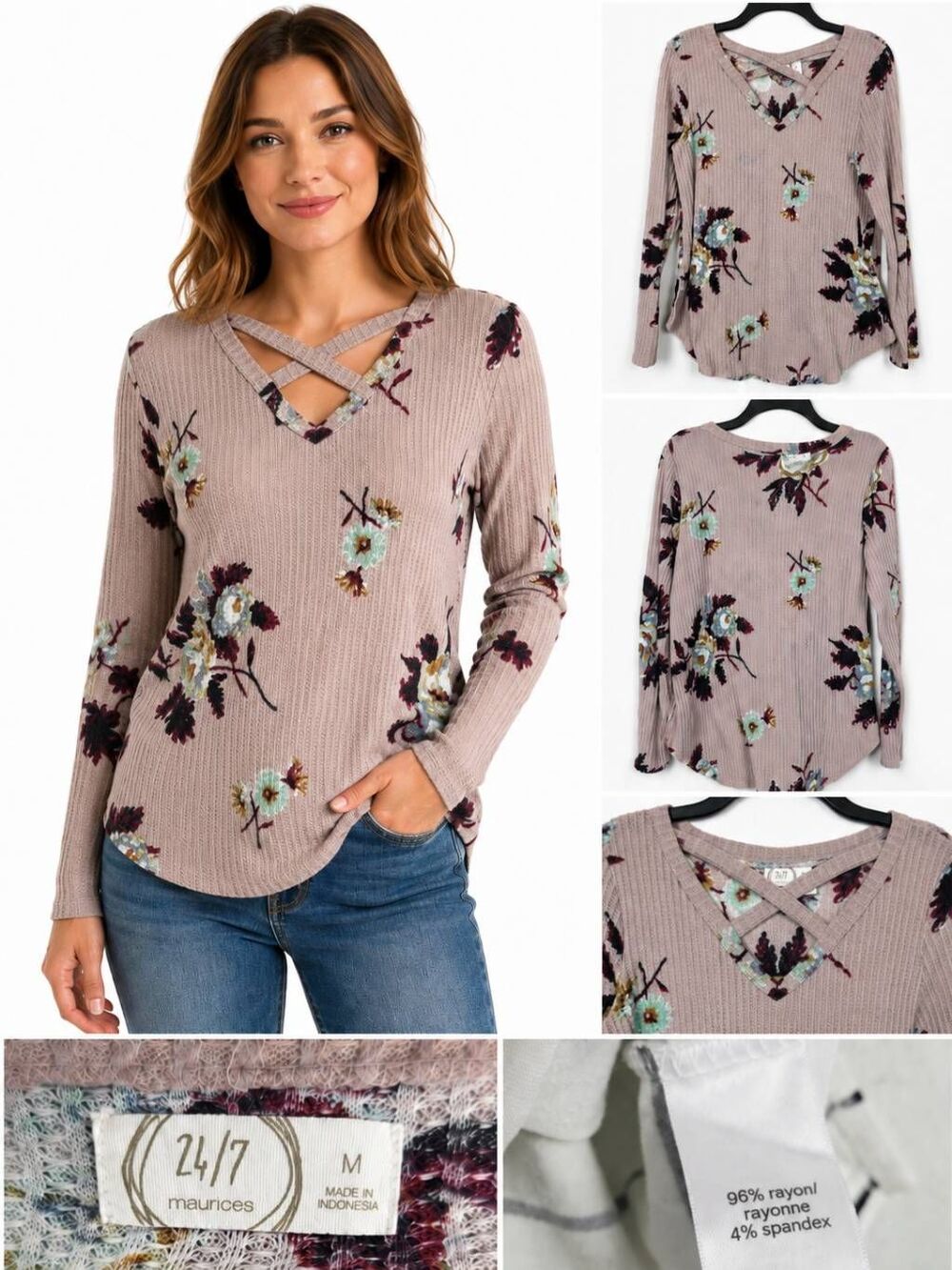 Maurices 24/7 Floral Waffle Knit Top Medium